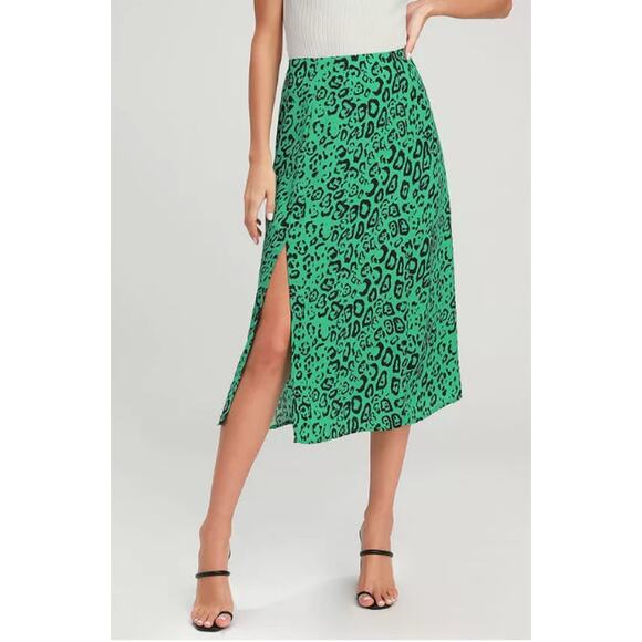 WAYF XSmall Green Black Altamont Leopard Print Midi Skirt High Side Slit Animal - Picture 11 of 12